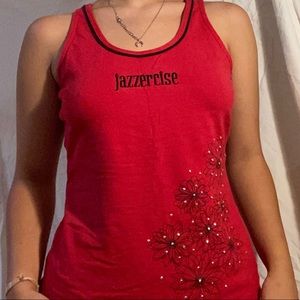 “Jazzersize” Graphic Glitter Print Red Tank Top